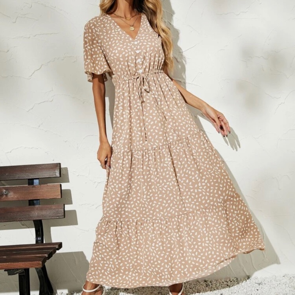 Short Sleeve Taupe Dot Print Tiered Maxi